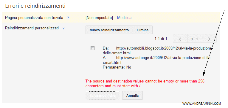 errore durante il reindirizzamento verso una pagina su un sito web esterno