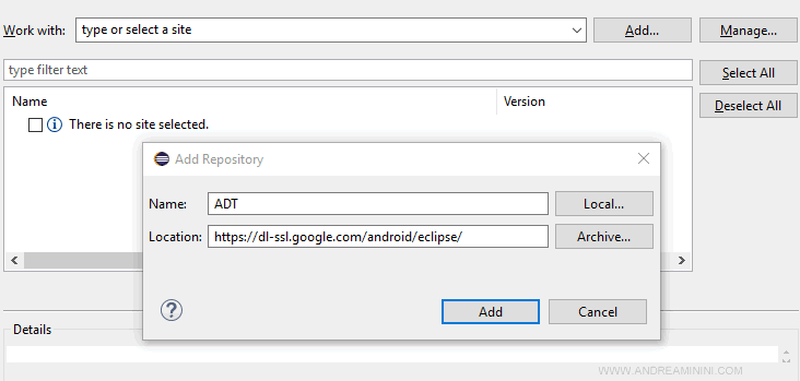 digitare l'indirizzo di Android for Eclipse e premere su Add