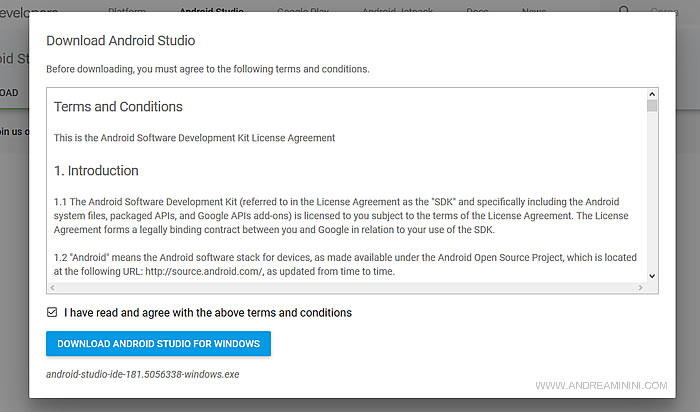 cliccare su Download Android Studio for Windows