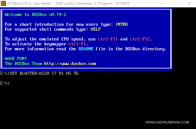 la schermata iniziale di DOSBOX