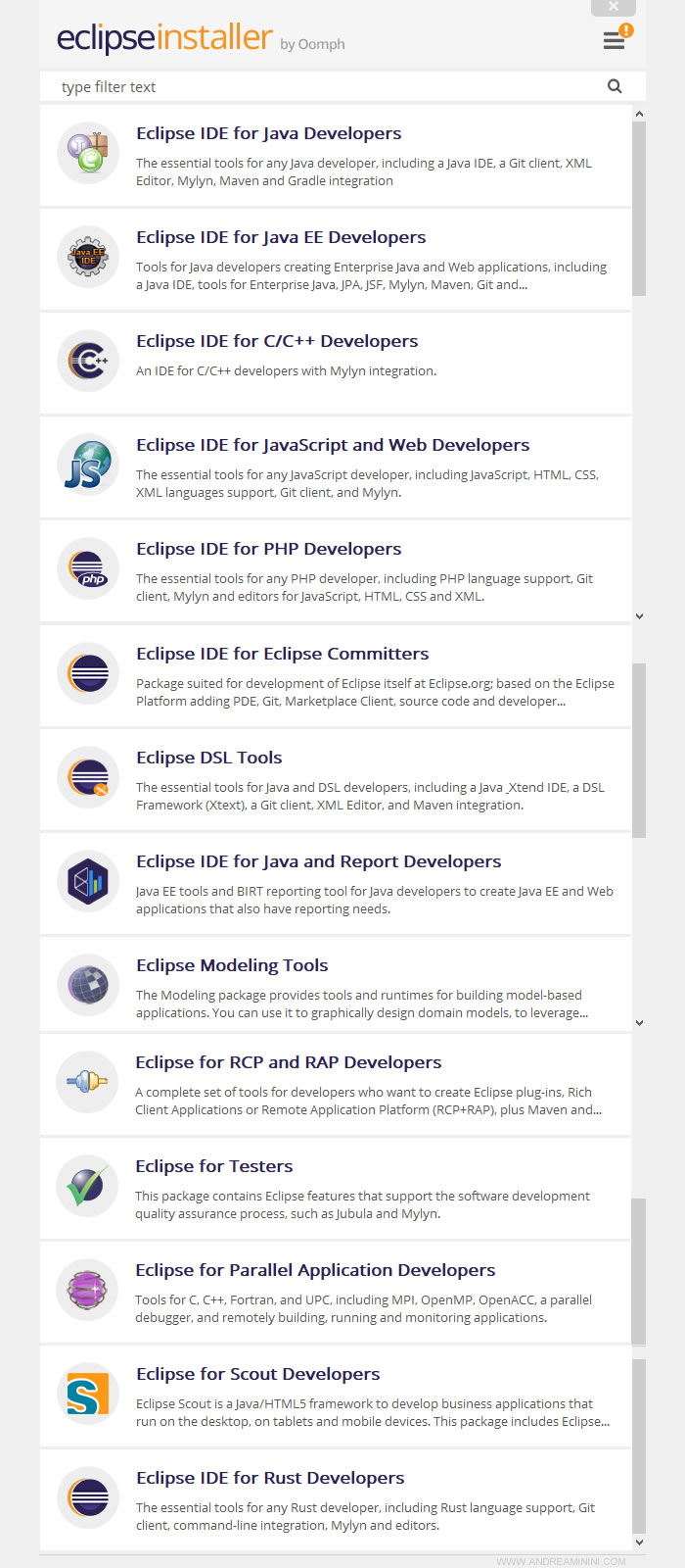 la lista degli IDE di Eclipse