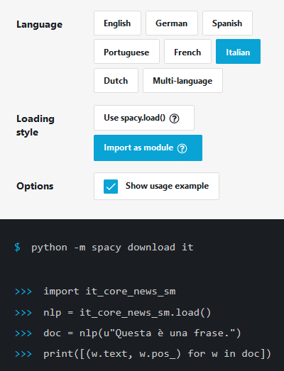 l'installazione del modulo spacy