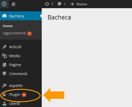 cliccare sulla voce plugin nel menù laterale di Wordpress