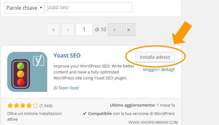 cliccare su installa adesso sul plugin Wordpress Seo by Yoast
