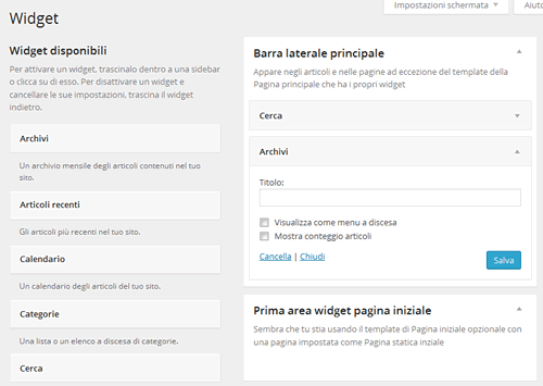 la pagina di gestione dei widget sul cms wordpress