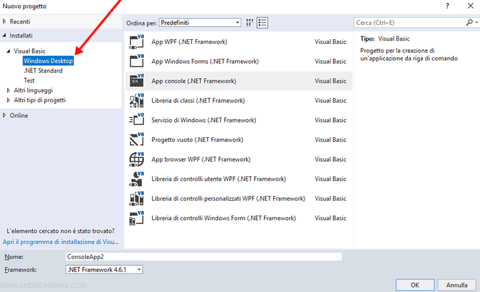 selezionare Windows Desktop nel menù di sinistra vicino a Visual Basic