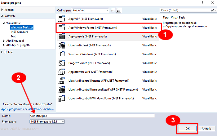 selezionare Windows Dekstop e App Console