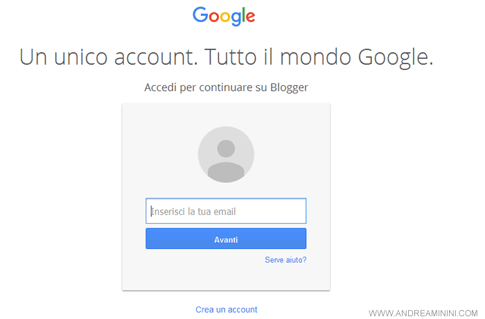 la pagina di accesso al Google Account
