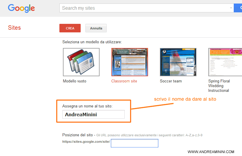 assegnare un nome al sito web