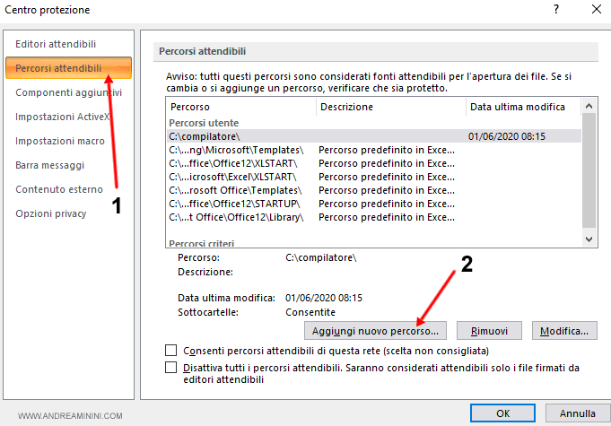 le cartelle attendibili per le macro di excel