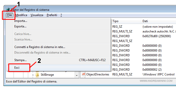 cliccare su FILE poi su ESCI per uscire da Regedit