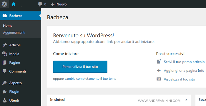 il pannello di Wordpress
