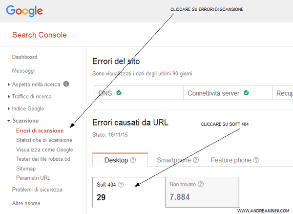 gli errori soft404 del sito web tramite la search console di Google