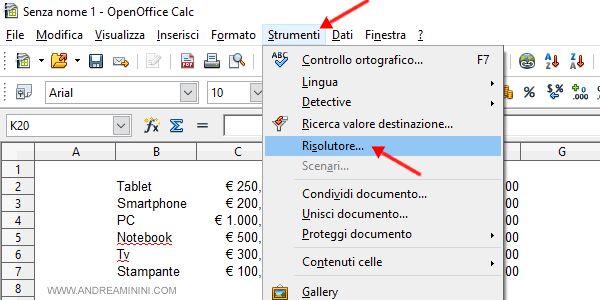 Selezionare Strumenti e Risolutore