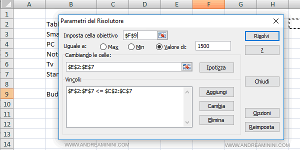 configuro il motore del risolutore
