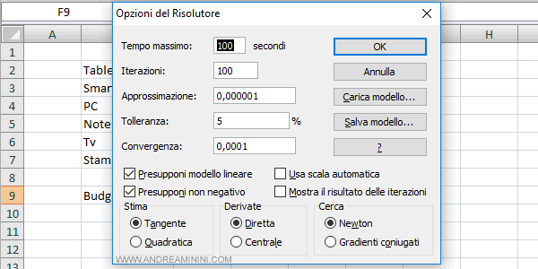 modificare le opzioni di calcolo del risolutore
