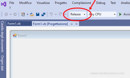 la configurazione attiva su Visual Studio