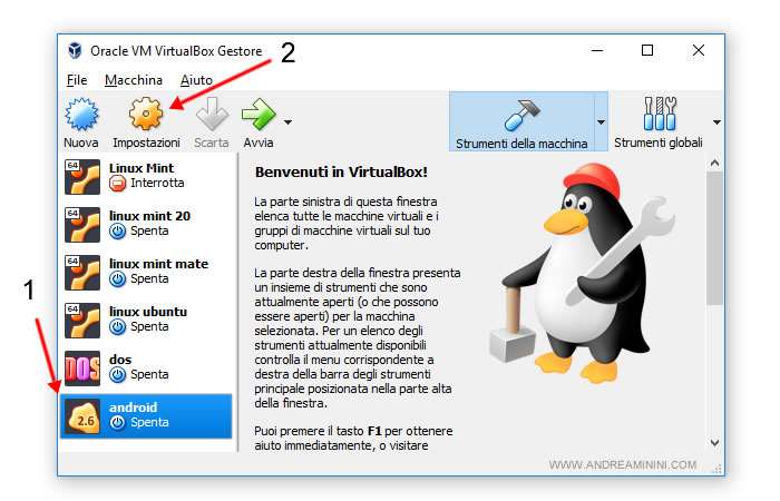 seleziono la macchina virtuale e clicco su Impostazioni