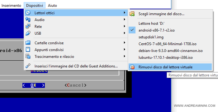 tolgo il disco virtuale dal lettore ottico
