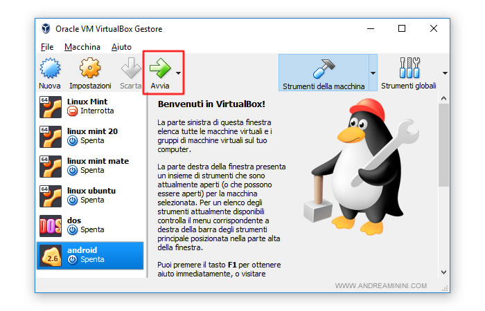 clicco sul pulsante Start di Android