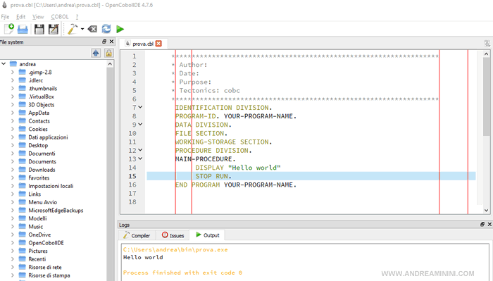la schermata iniziale del software di compilazione Open Cobol Ide