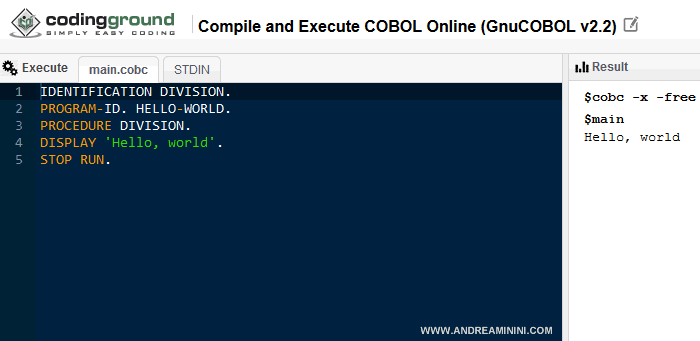 una schermata dell'emulatore online del linguaggio Cobol