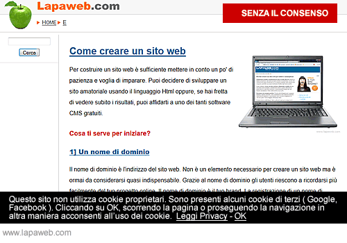 la visualizzazione del sito prima e dopo il consenso sulla privacy