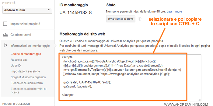 copiare lo script del codice di monitoraggio con CTRL+C