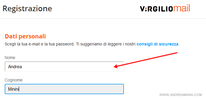 scrivere il nome e il cognome della persona titolare della casella email