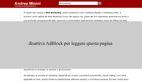esempio di sito oscurato parzialmente per chi usa adblock