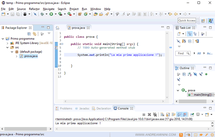 l'interfaccia dell'editor Eclipse for Java