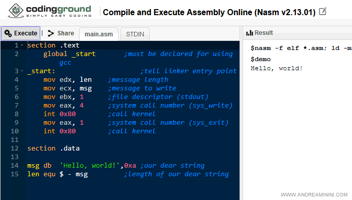 un editor emulatore assembly online per esercitarsi