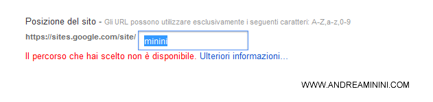 il messaggio di errore quando il nome è già occupato