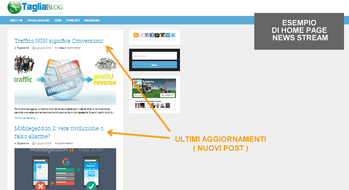 esempio di home page con news stream