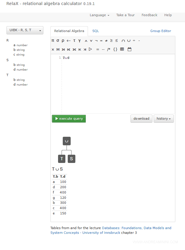 un tool online di relational algebra