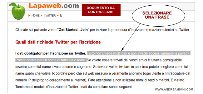 selezionare una frase del documento da controllare