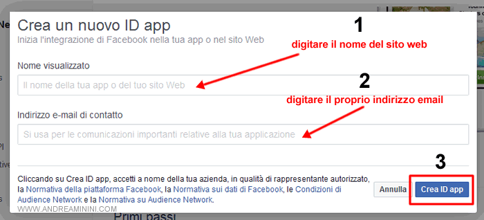 scrivere il nome del website, dell'applicazione e cliccare su Crea ID App