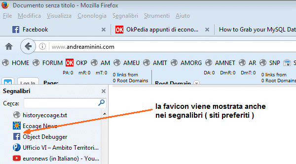 l'icona Favicon viene mostrata nei segnalibri