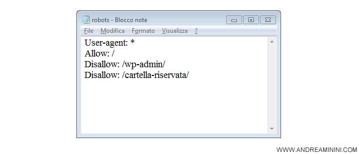 esempio di editor di testo per modificare il file robotx.txt