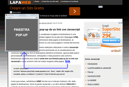 esempio di finestra pop-up in Javascript