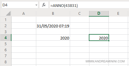 la funzione ANNO con un numero seriale come parametro