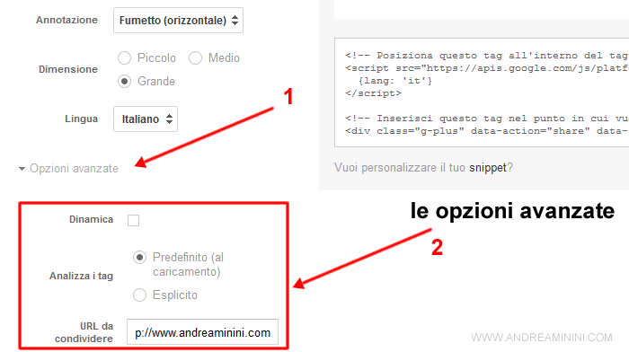 le opzioni avanzate di configurazione del share button su Google plus