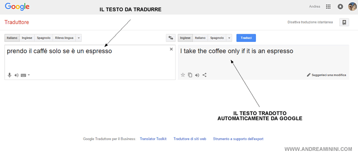 Un esempio di utilizzo del traduttore automatico di Google