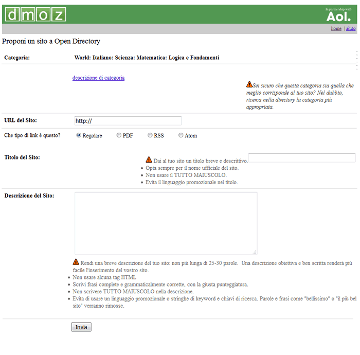 le informazioni richieste per segnalare un sito alla directory