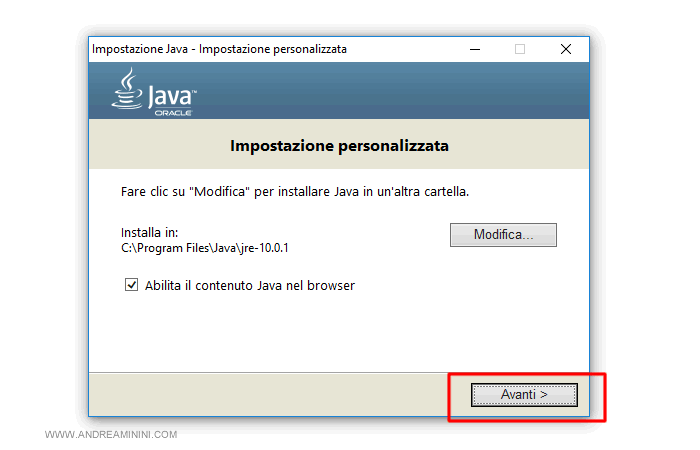 selezionare la cartella dove installare Java