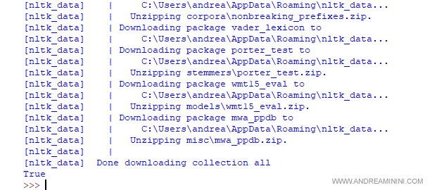 il messaggio di installazione completata di NLTK