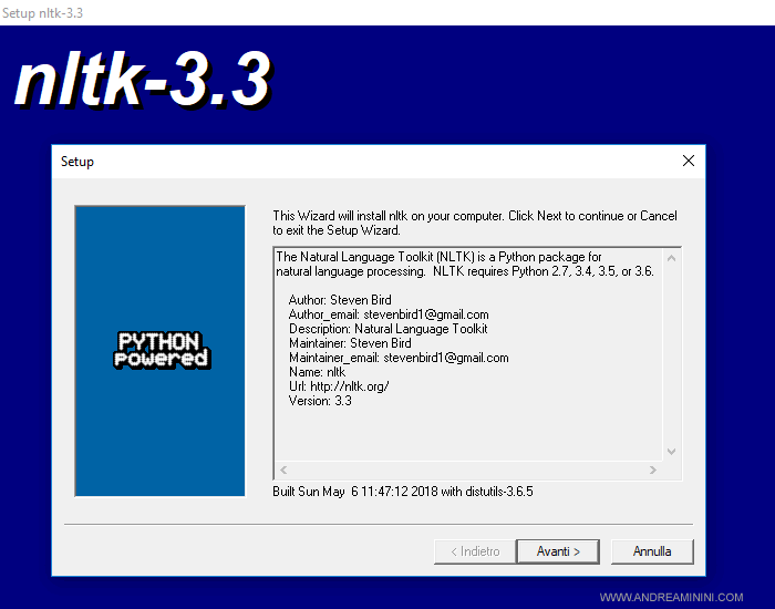 la prima schermata dell'installazione di NLTK su Windows