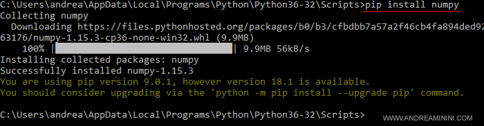l'installazione di NUMPY su Python