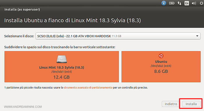 la creazione di una partizione del disco fisso del PC da assegnare a Ubuntu