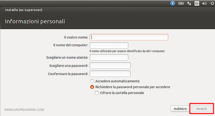 digitare lo username e password del super utente su Ubuntu